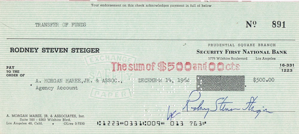 Rod Steiger 1925-2002 genuine autograph signed check 4"x8"