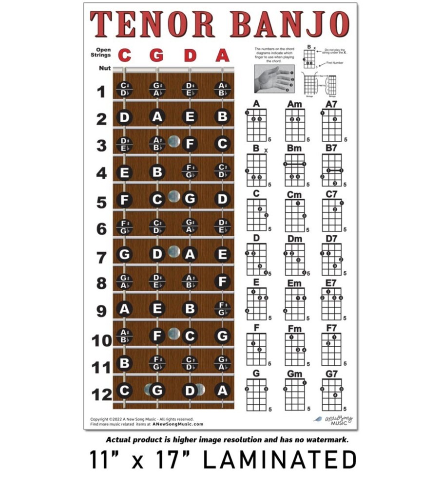 Laminated Tenor Banjo 4 String Fingerboard Wall Chord Chart Poster Notes Chords