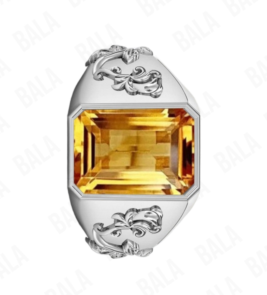 Handmade 925 Sterling Silver Citrine Ring, Rectangular Emerald Cut Yellow Quartz