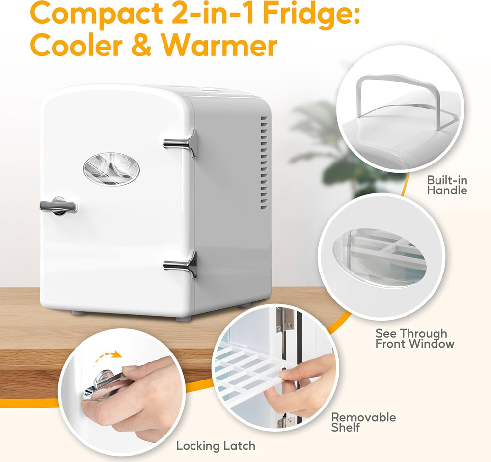 Portable Mini Fridge, 6 Liter 9 Can Cooler and Warmer Compact Refrigerators, wit