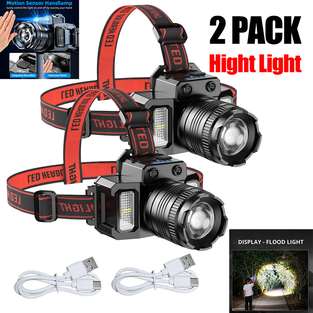 1/2 PACK LED Sensor Headlamp USB Rechargeable Camping Headlight Super Bright