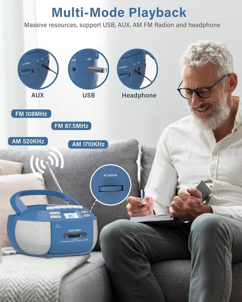 Compact Wireless Bluetooth Boombox with Cassette Player and Remote Functionality
