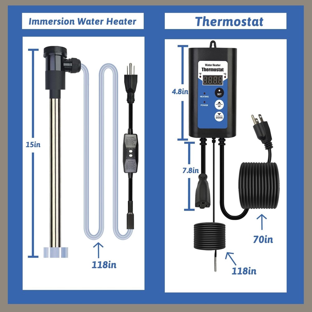 1300W Immersion Water Heater Portable Electric Hot Tub & Bucket Submersible W...