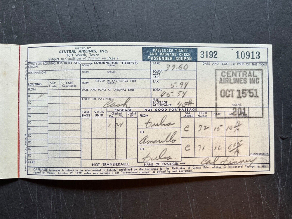Central Airlines ticket, October 15, 1951