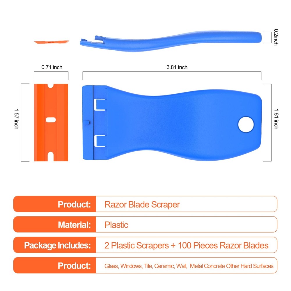 Plastic Razor Blades Scraper Tool 2 Pack Wall Paint Remover with 100 Pcs Pla...