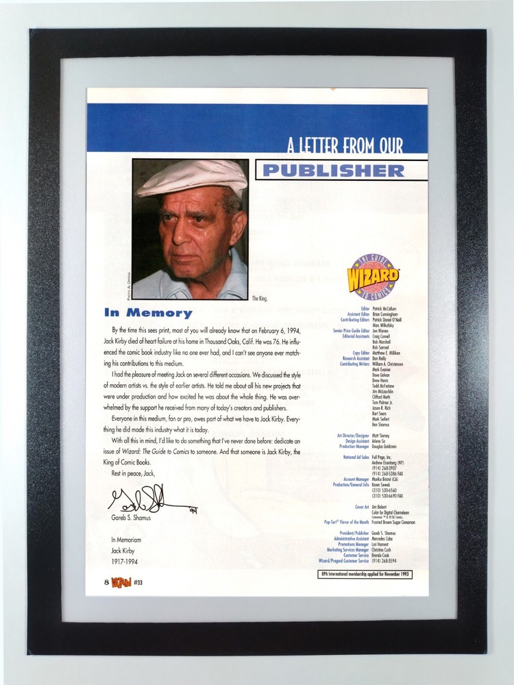In Memory Jack Kirby - Framed Original Wizard Comics Full Page King Tribute 1994
