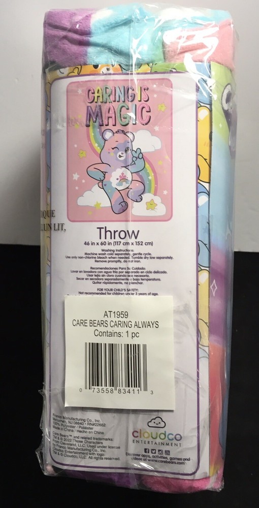 CARE BEARS “Caring is Magic" THROW BLANKET 46” X 60” NWT