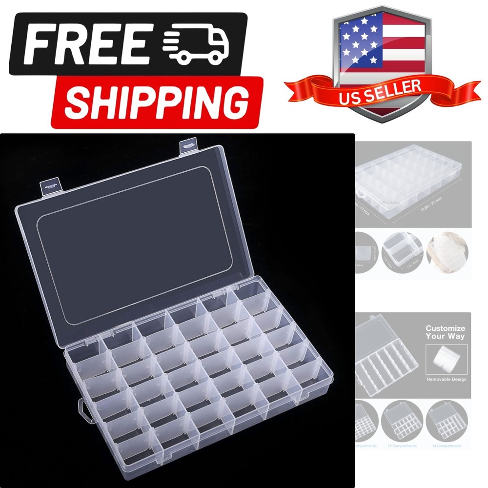 36 Grids Clear Plastic Organizer Box with Adjustable Dividers, 36 Compartment...