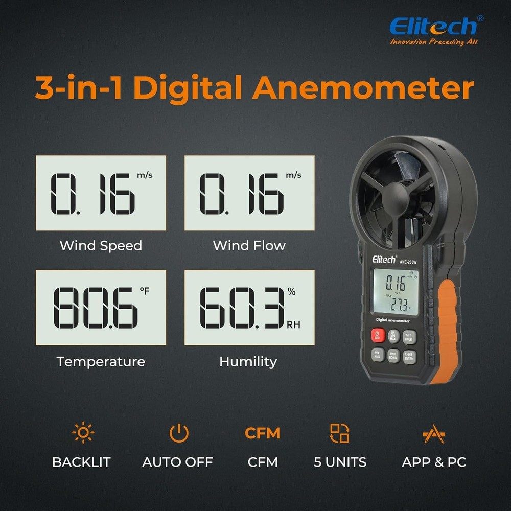 ANE-200W Bluetooth Anemometer, Digital Wind Speed Meter w Temperature & USB Data