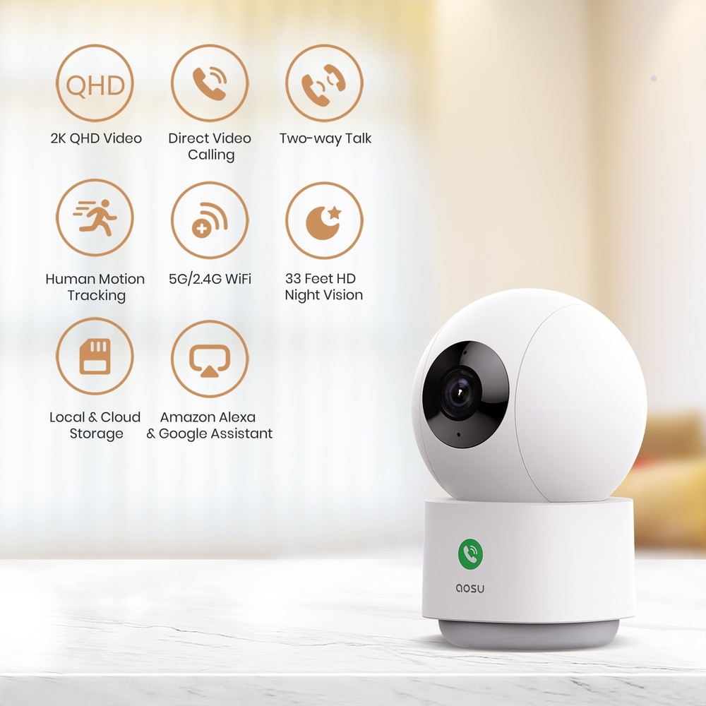 Aosu 2K Security Camera Indoor Smart Motion Tracking,works with Alexa 2 Pack