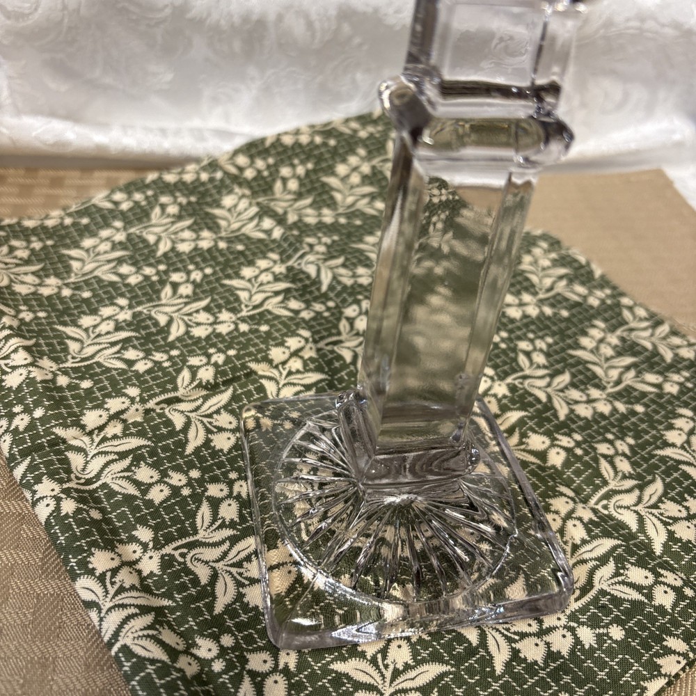 Clear Pressed Glass Candlestick Holder Sunburst Pattern Decorative 8 Inch