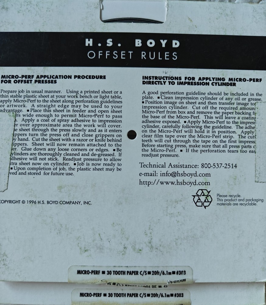 HS BOYD Micro-Perf 30 Tooth C/S 20ft/6.1 Roll #303 Bindery Supplies Micro Perf