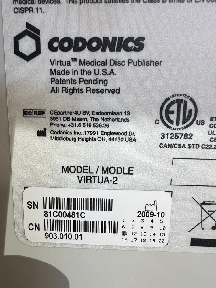 Codonics Virtua-2 Publisher Color Disk 903.010.01 Printer Duplicator W/ Windows