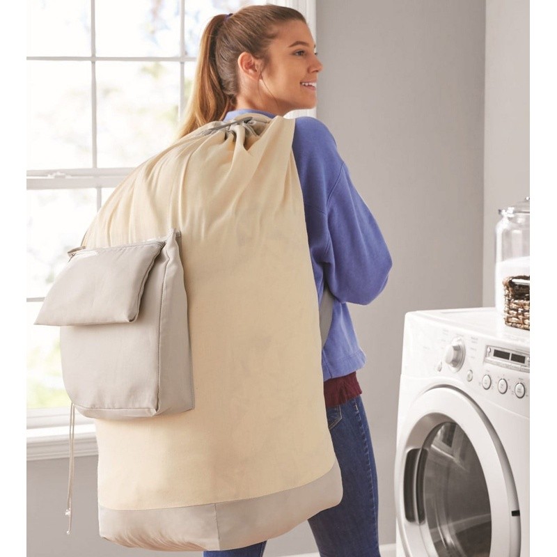 Durable Canvas Laundry Bag W/ Zippered Pocket Drawstring Closure & Carry Strap
