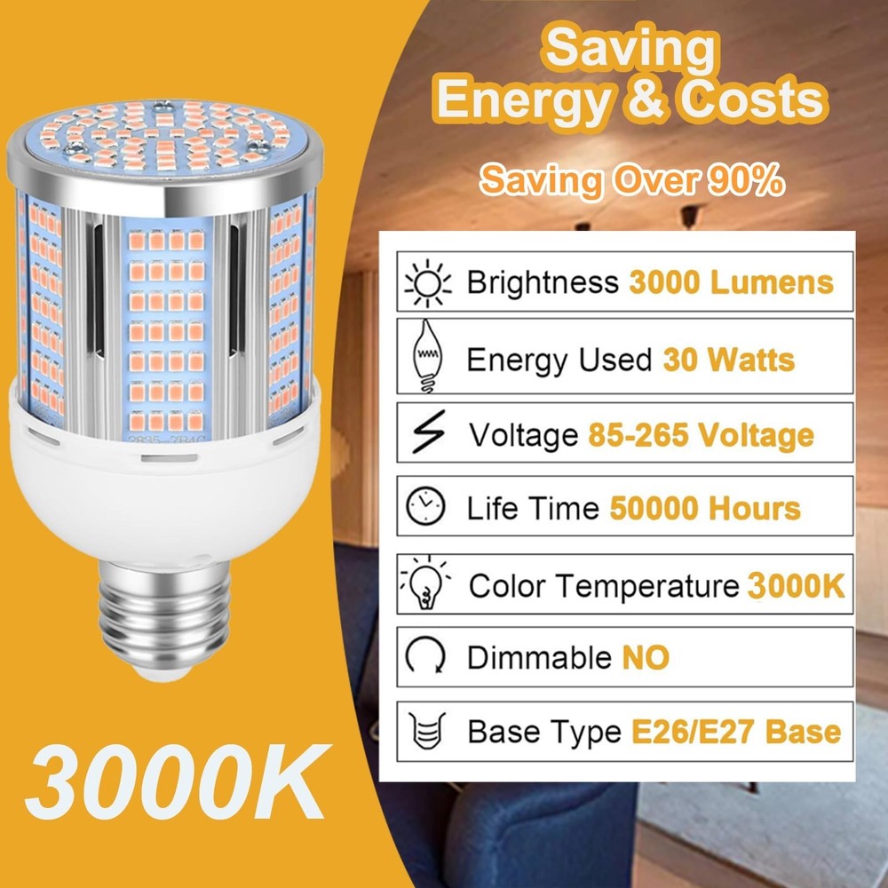 30W LED Corn Light Bulb 3000 Lumen Led Corn Bulb 3000K Warm White E26/E27 Bas...