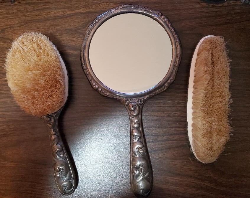 Vintage 835 Silver Dressing Table Vanity Set: Mirror and 2 Brushes