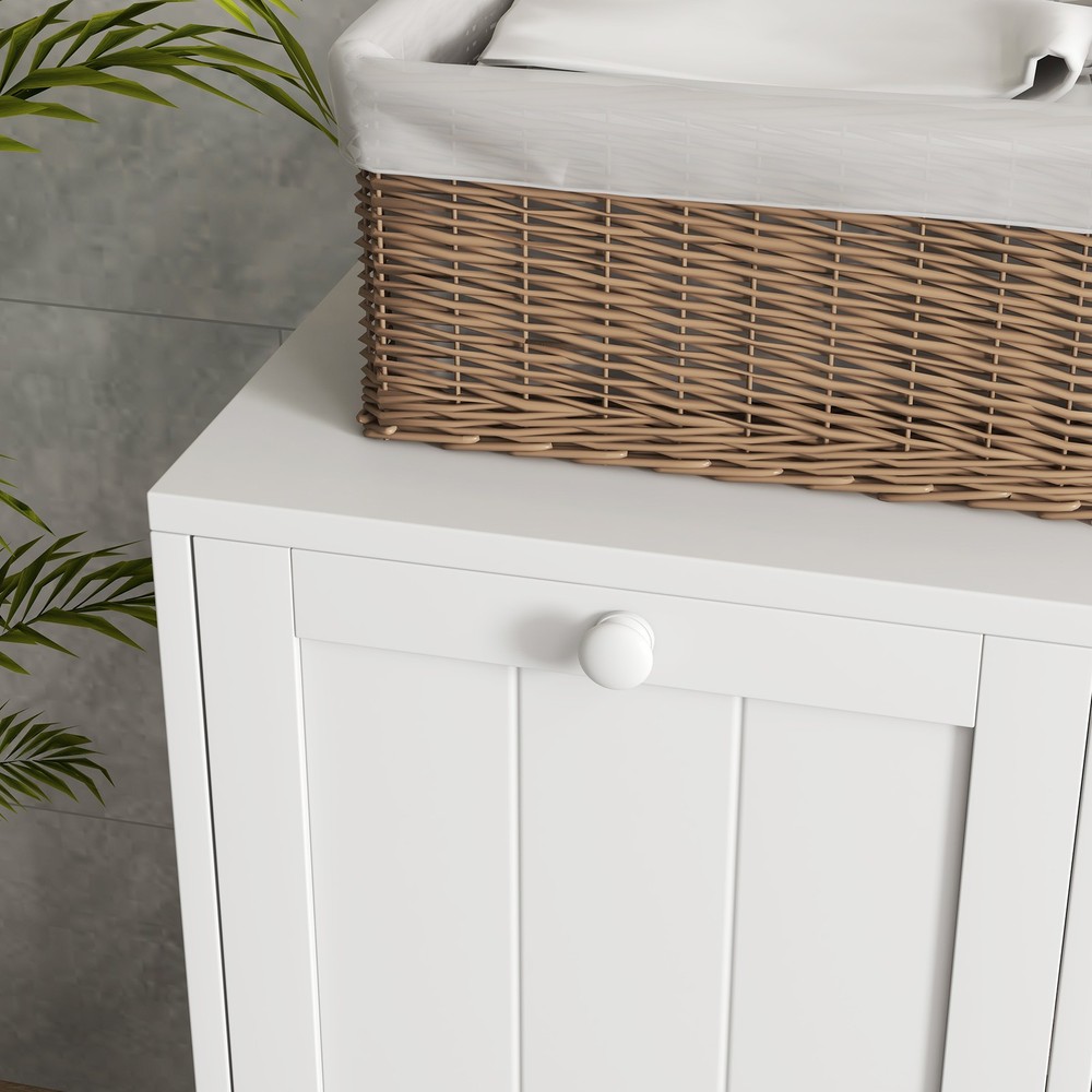 Tilt-out Laundry Storage Cabinet with 2 Hamper Compartments, White