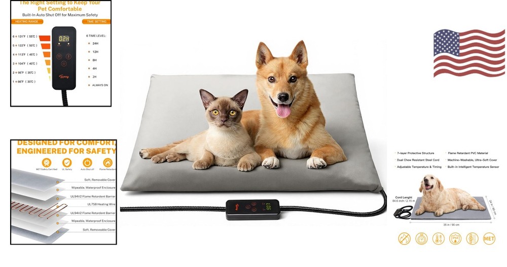 Compact Heated Pet Bed Mat 35x24 - Waterproof, Chew Resistant, User-Friendly