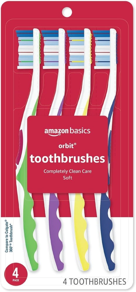 Amazon Basics Orbit Toothbrush Soft Full Size 4 Count Assorted Colors