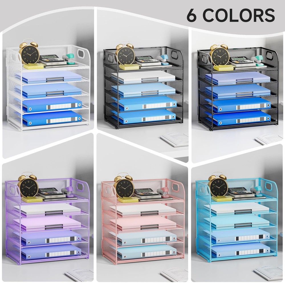 5-Tier Stackable Paper Organizer with Handle, White Metal Mesh Desk Organizer...