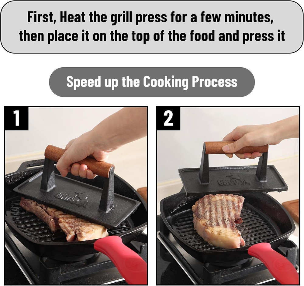 Cast Iron Grill Press: 6.9' round & 8.3' X 4.3' Rectangular - Burger & Meat Pres