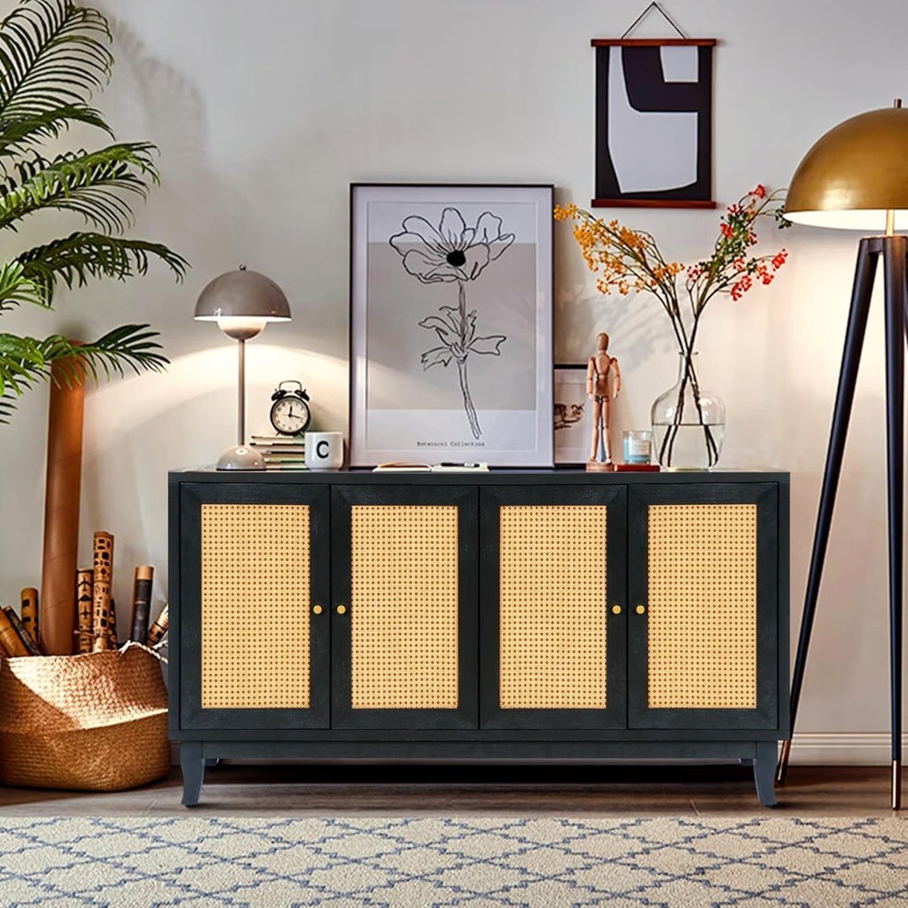 AMNOOL Rattan Accent Sideboard Storage Cabinet Console Table w/4 Doors Dark Gray