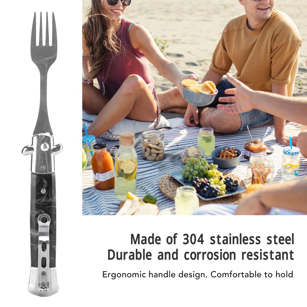 Black Folding Spring Camping Fork One Button Flick 304 Stainless Steel WT