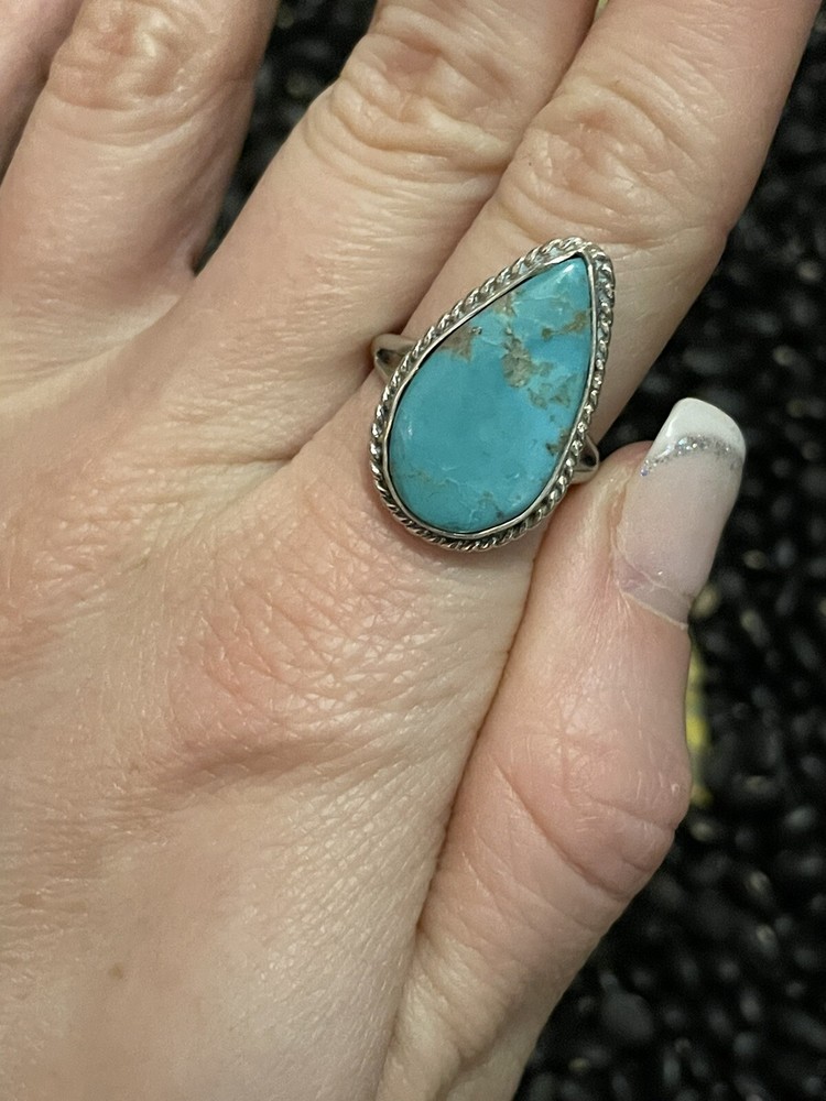 Southwest Sterling Silver Kenny Ray Signed Turquoise Ring~Teardrop Size 8