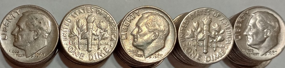 1967-P ROOSEVELT DIME ROLL (CIRCULATED CONDITION)