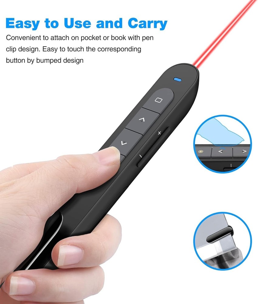 Wireless Presenter Remote with Air Mouse Control, Rechargeable USB