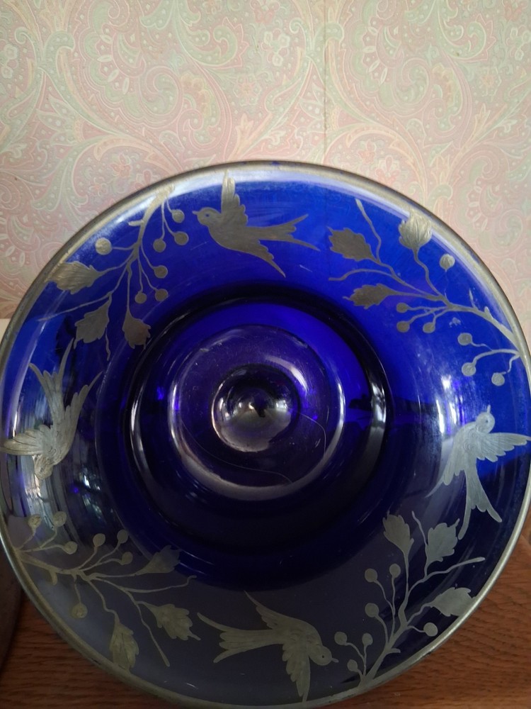 vintage cobalt blue compote silver birds