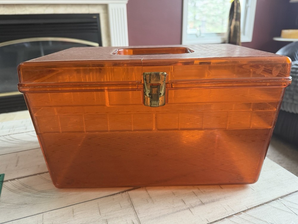 Orange Plastic Sewing Basket with Handle, Internal Organizer, and Compartments