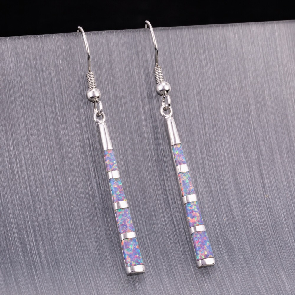 Camber Surface Stick Lavender Purple Fire Opal Silver Dangle Drop Earrings