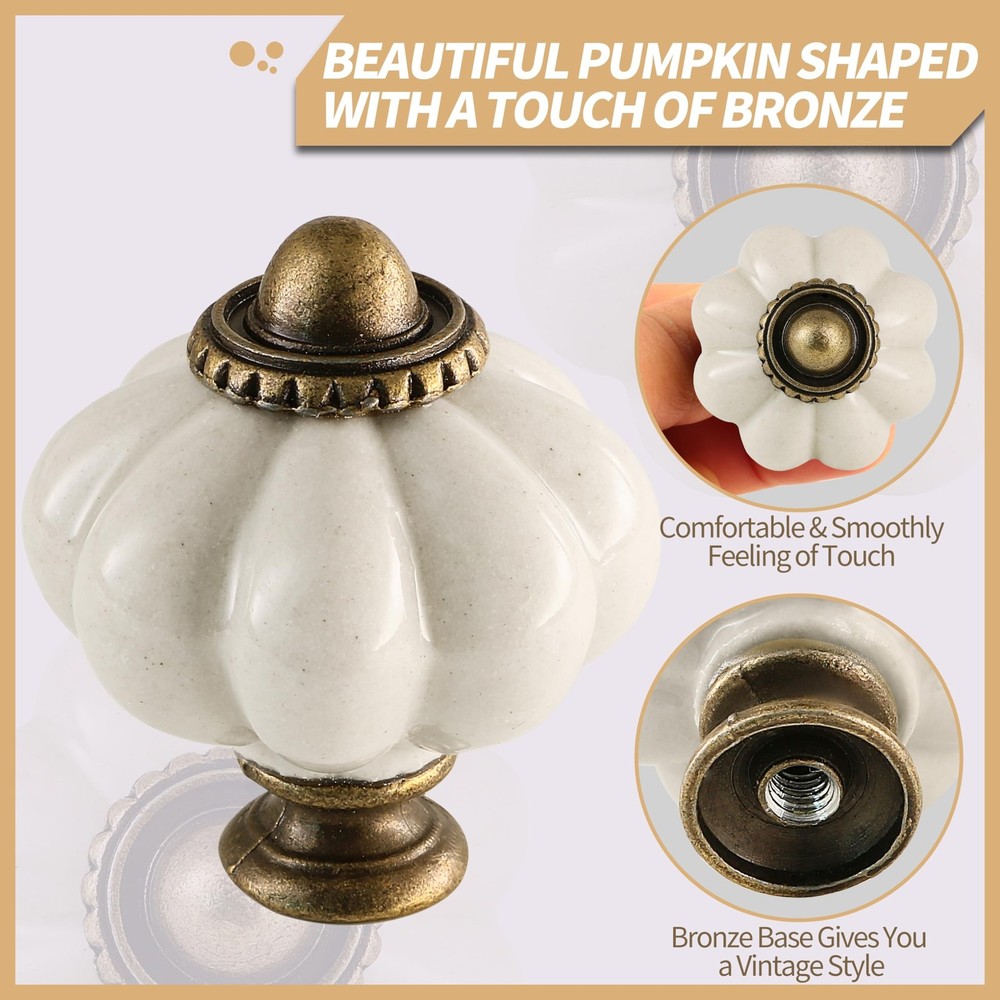 Antique White Pumpkin Knobs 6 Pack Ceramic Cabinet Knobs Vintage Drawer Pulls...
