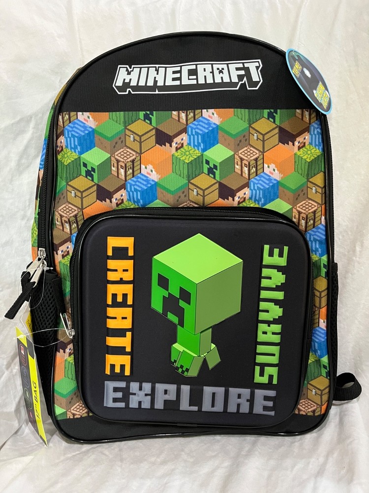 Minecraft Creeper "Create, Survive, Explore" Boys' 17" Light Up Backpack New