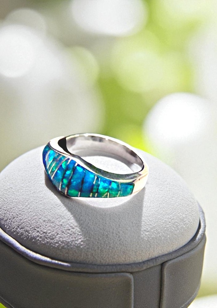 Sterling Silver Inlay Blue Lab Created Opal Band Ring Size 6