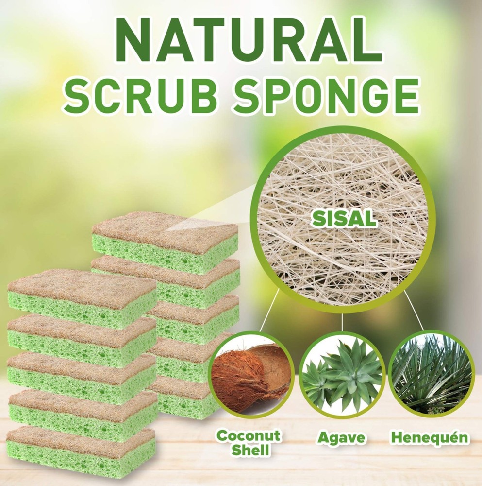 SCRUBIT Natural Sponges - 10 Pack Biodegradable Compostable Cellulose and Coc...