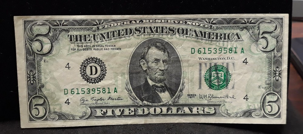 1977 $5 Federal Reserve Note - Offset Printing Error - Wet Ink Transfer!  - 9581