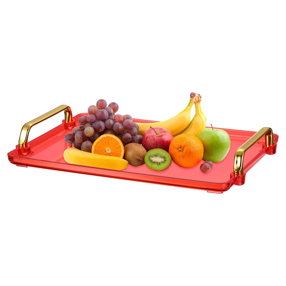 12 x 8.6" Plastic Serving Tray with Golden Handle, Clear Red