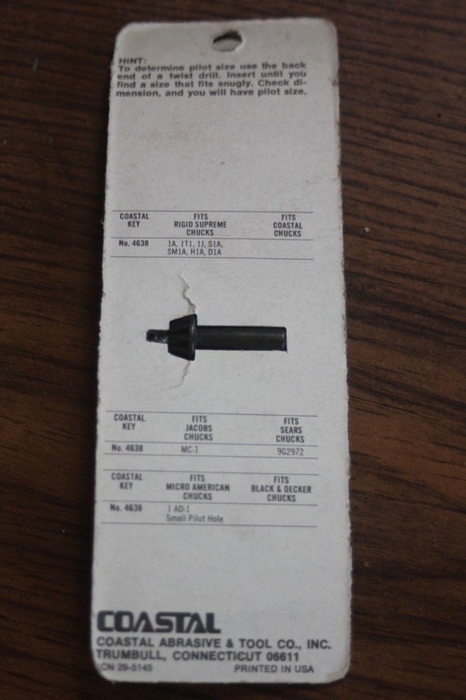 Coastal Chuck Key No. 4638 5/32" Pilot 1/4" Max Chuck Capacity