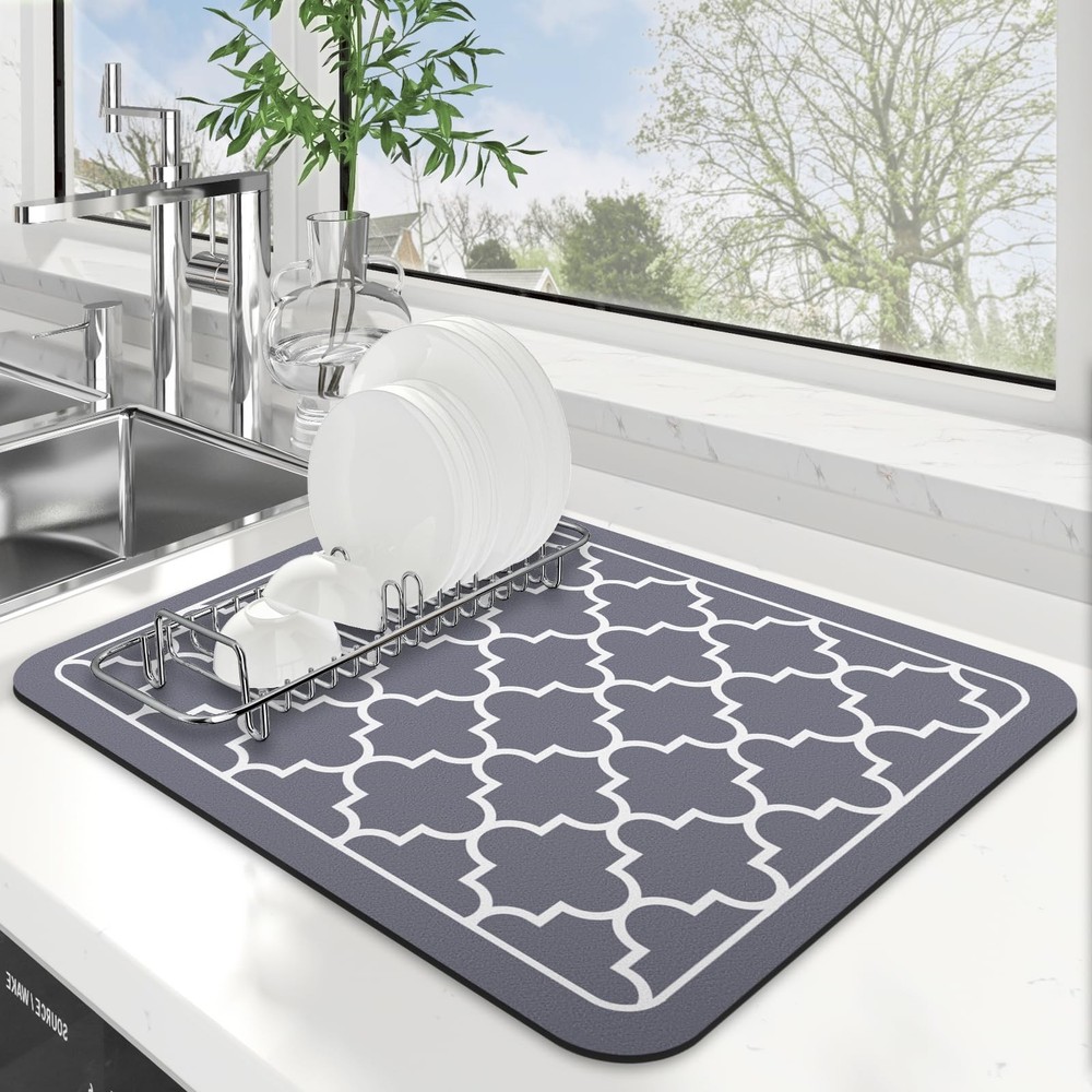 WISELIFE Dish Drying Mat Super Absorbent 18" x 15", Stylish Grey