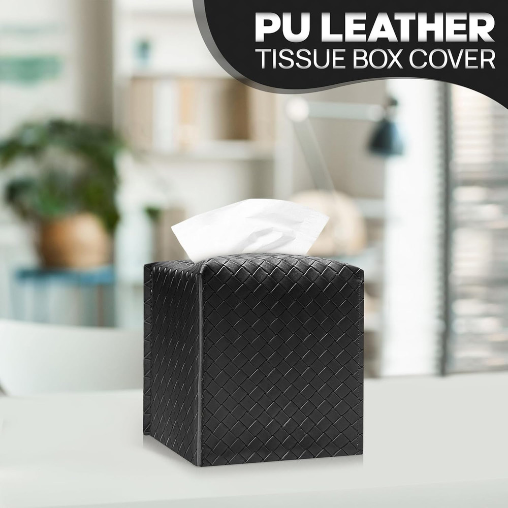 Tissue Box Cover Holder, PU Leather Tissue Box Cover with Braided Pattern, Squar