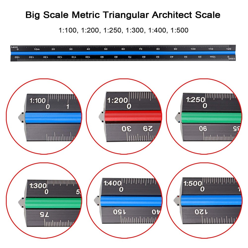 OwnMy 3 Pack 30CM Solid Aluminum Triangular Architect Scale Ruler Multicolor