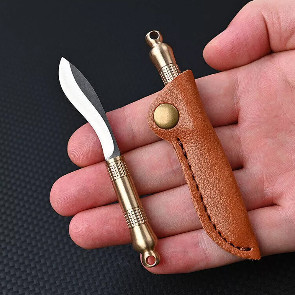 Mini Fixed Blade keychain Brass Leather Sheath Outdoor Camping EDC Tool U