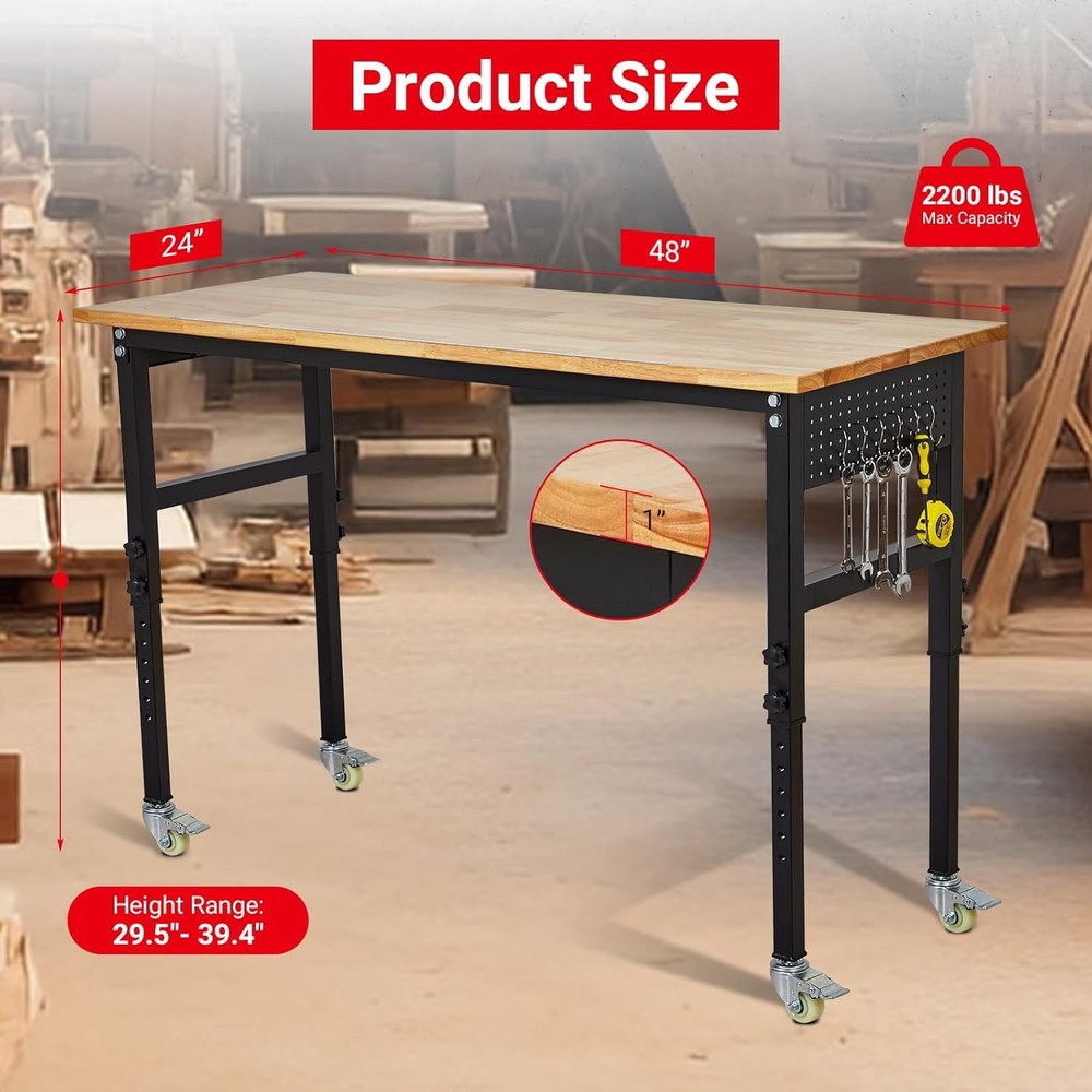Adjustable Height Workbench 48" x 24" Work Bench Table w/Pegboard &Hooks 2200lbs