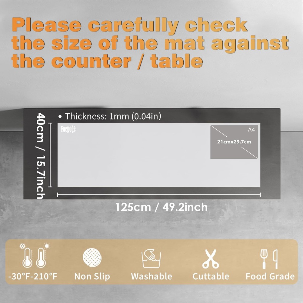49.2" x 15.7" Large Silicone Mat for Kitchen Counter Protector, Cuttable Sili...