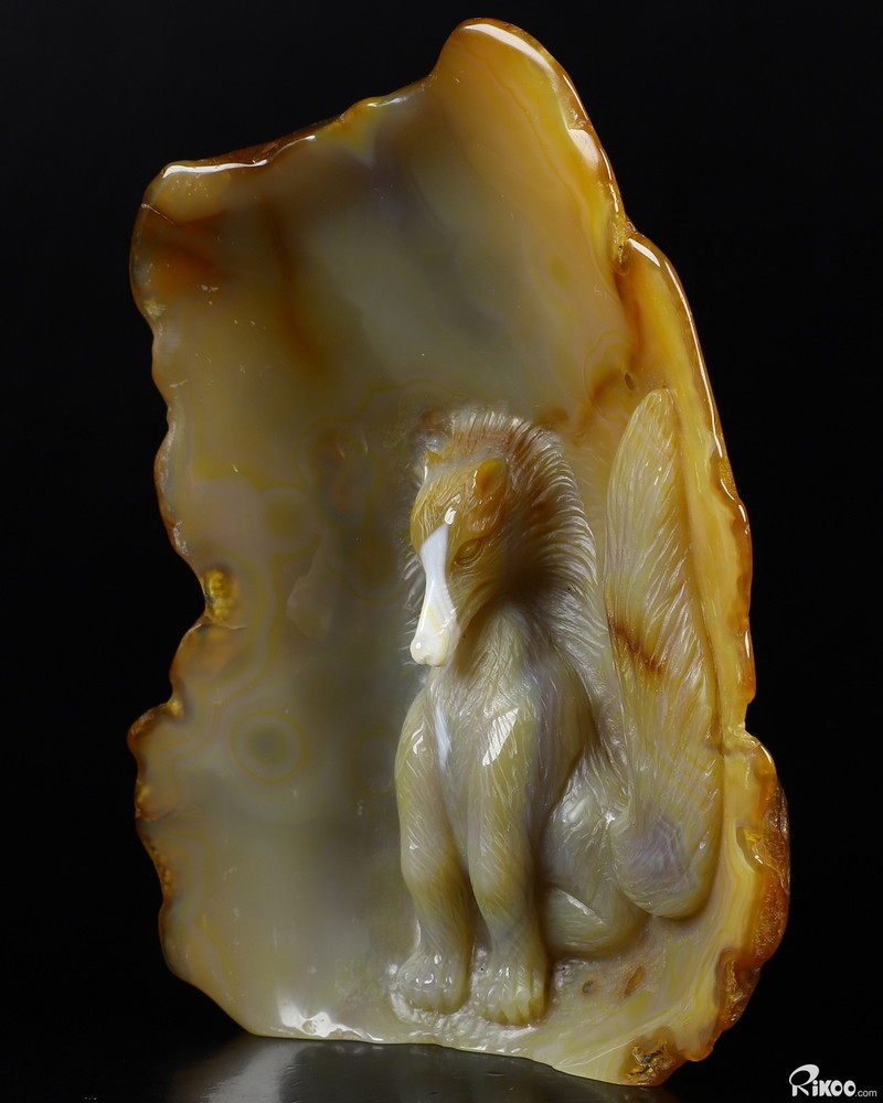 6.7" Agate Carved Crystal Fox Sculpture, Realistic