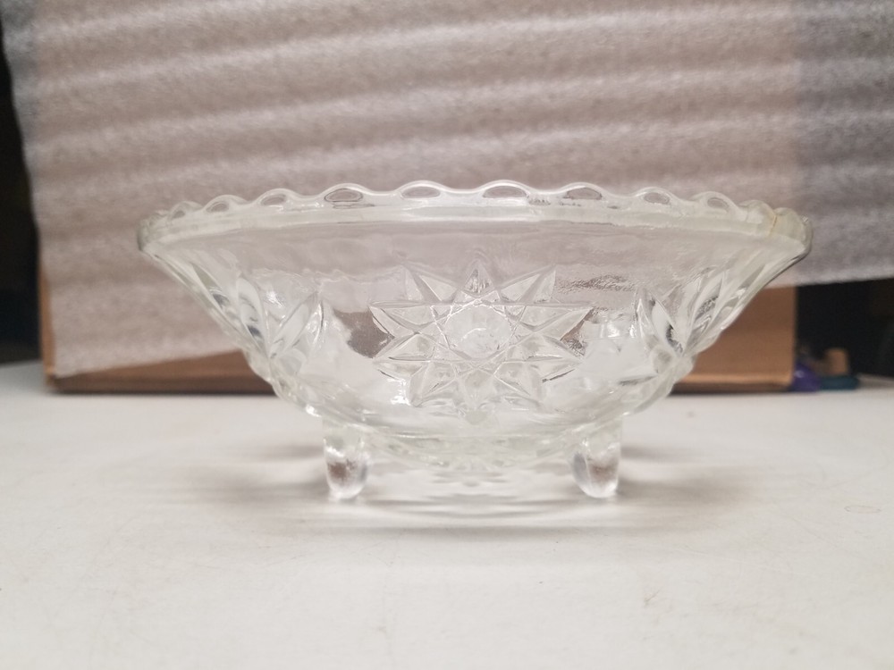 Footed Clear Cut Glass Dish Star/Palm Leaf Design