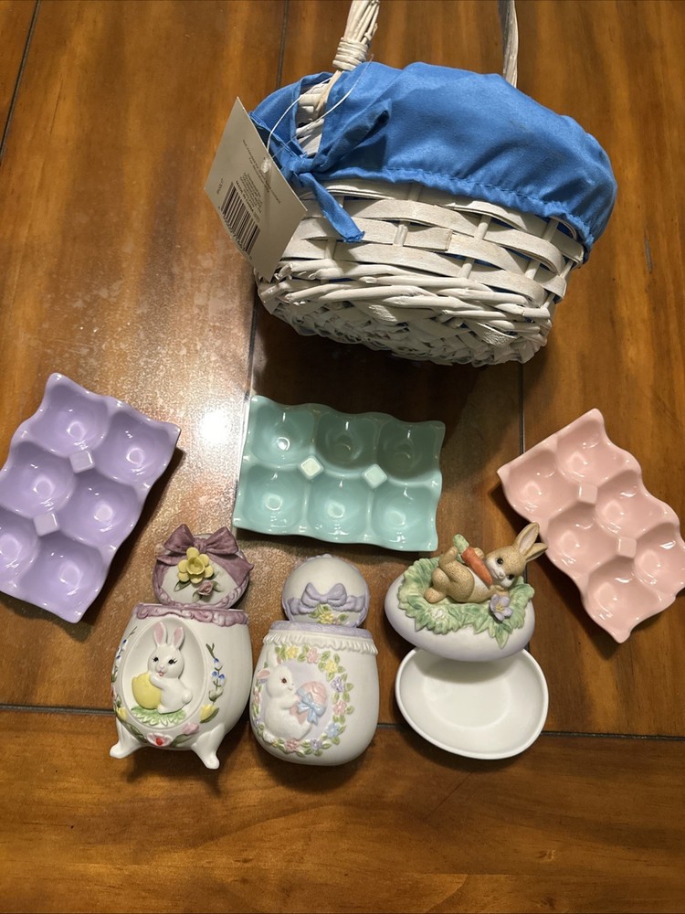 Easter White Basket with Blue Fabric Liner 10” & Decorations