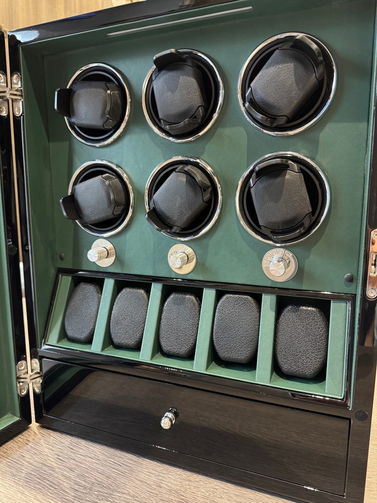 Luxury Multi-Function 6 Piece Watch Winder with Storage Drawer in Glossy Black.